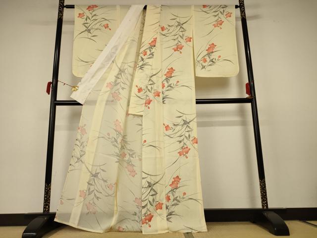 平和屋着物＊夏物 小紋 絽 手描き 草花文 正絹 逸品 AABC3451jd
