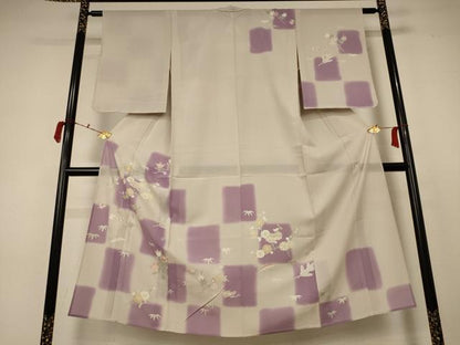 平和屋着物＊夏物 訪問着 絽 市松草花文 銀彩 正絹 逸品 AABC3452jd
