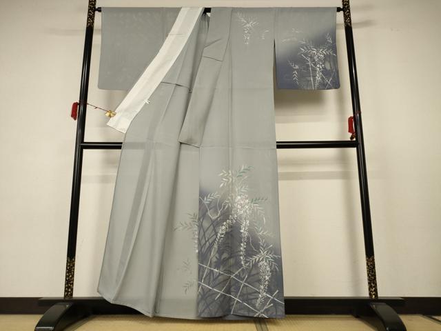 平和屋着物＊夏物 訪問着 絽 手描き 草花文 暈し染め 銀彩 正絹 逸品 AABC3455jd