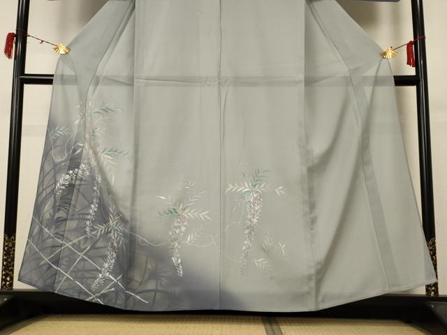 平和屋着物＊夏物 訪問着 絽 手描き 草花文 暈し染め 銀彩 正絹 逸品 AABC3455jd