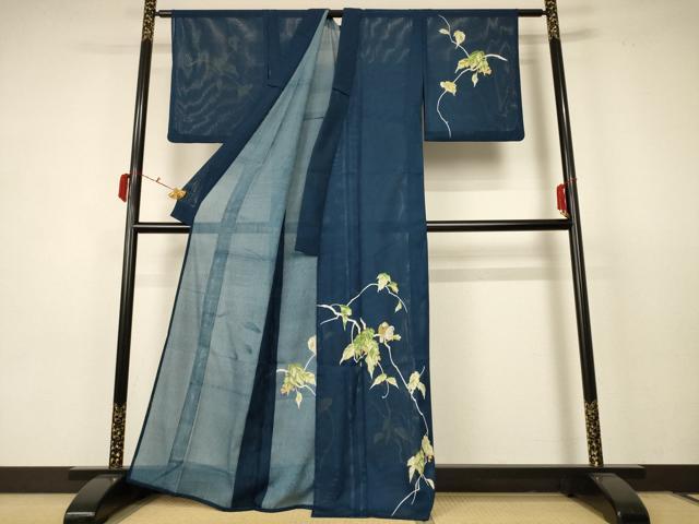 平和屋着物＊夏物　訪問着　縦絽　花鳥文　金彩　洗える着物　AABC3469jd