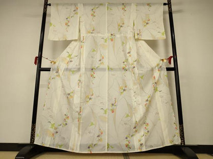 平和屋着物＊夏物 小紋 絽 手描き 草花文 洗える着物 AABC3477jd