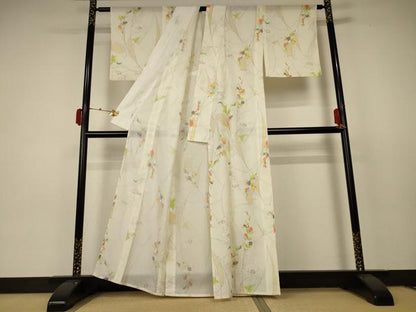 平和屋着物＊夏物 小紋 絽 手描き 草花文 洗える着物 AABC3477jd