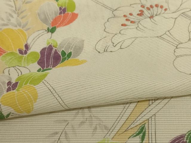 平和屋着物＊夏物 小紋 絽 手描き 草花文 洗える着物 AABC3477jd