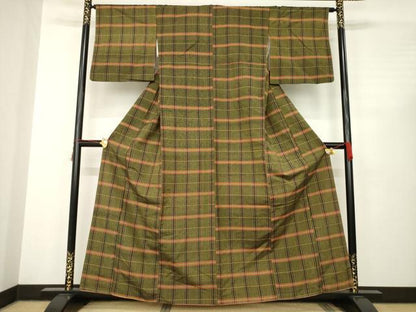 平和屋着物●上質な紬　格子　正絹　逸品　AABC3526ck
