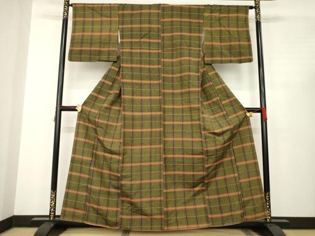 平和屋着物●上質な紬　格子　正絹　逸品　AABC3526ck