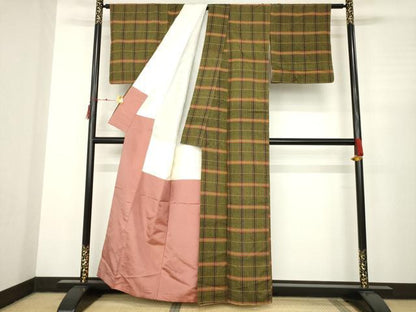 平和屋着物●上質な紬　格子　正絹　逸品　AABC3526ck