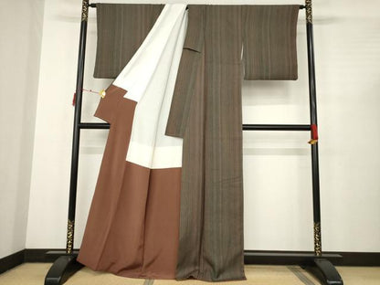 平和屋着物●上質な小紋 縞 ふくれ織 正絹 逸品 AABC3548ck