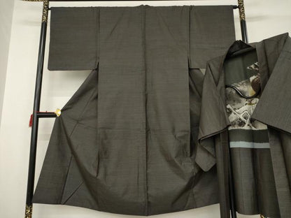 平和屋着物●男性　紬　アンサンブル　幾何学文様　正絹　逸品　AABC3555ck