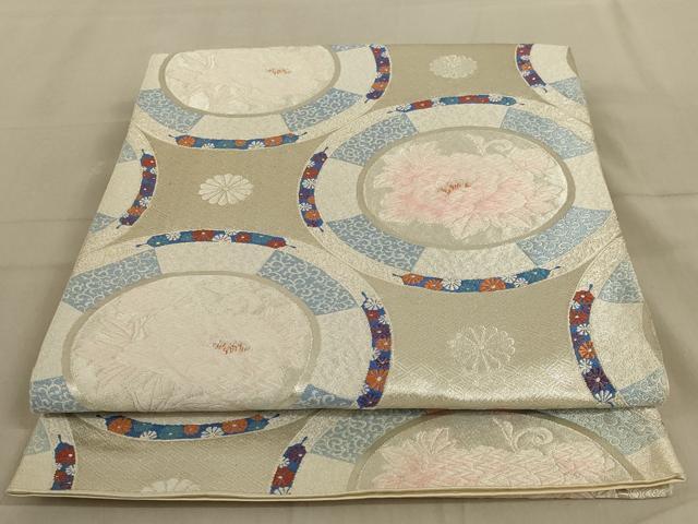 平和屋着物◎六通柄袋帯　唐織　円花双愛文　銀糸　正絹　逸品　AABC3561ou