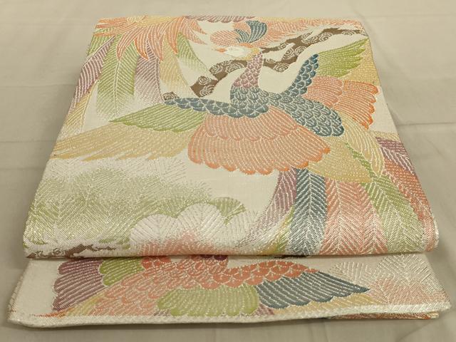 平和屋着物◎佐賀錦　六通柄袋帯　孔雀花文　銀糸　正絹　逸品　AABC3582ou