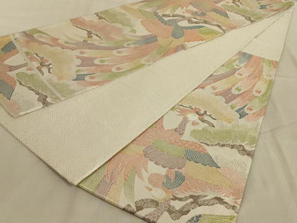 平和屋着物◎佐賀錦　六通柄袋帯　孔雀花文　銀糸　正絹　逸品　AABC3582ou