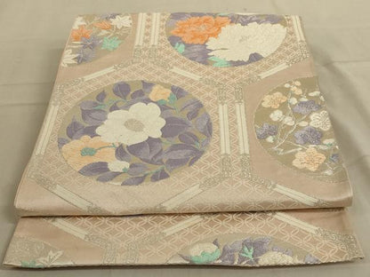 平和屋着物◎六通柄袋帯　唐織　亀甲花文　銀糸　正絹　逸品　AABC3596ou