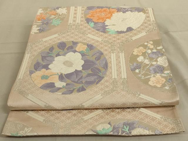 平和屋着物◎六通柄袋帯　唐織　亀甲花文　銀糸　正絹　逸品　AABC3596ou