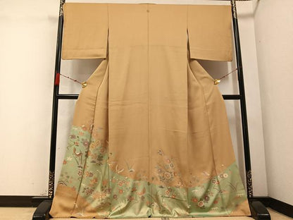 平和屋着物●豪華色留袖　駒刺繍　花蝶文　金彩　正絹　逸品　AABC3669ph