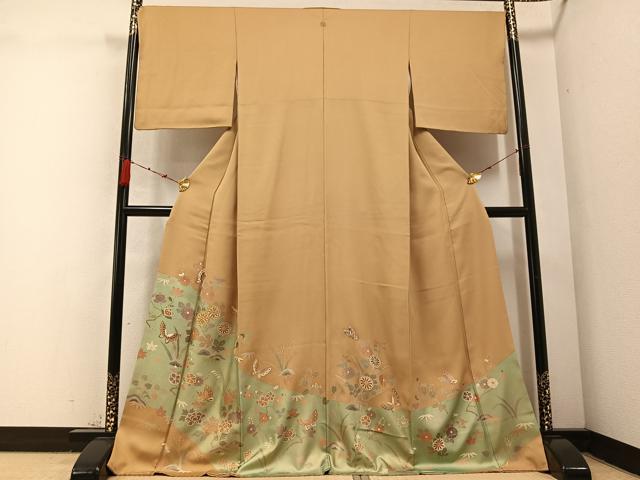 平和屋着物●豪華色留袖　駒刺繍　花蝶文　金彩　正絹　逸品　AABC3669ph