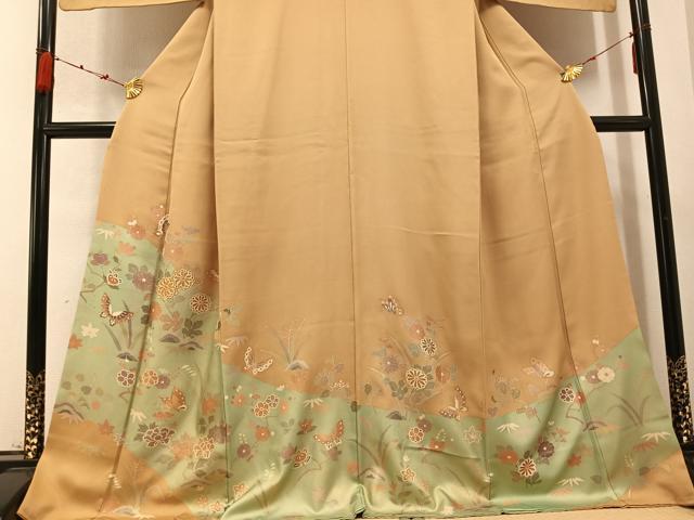 平和屋着物●豪華色留袖　駒刺繍　花蝶文　金彩　正絹　逸品　AABC3669ph