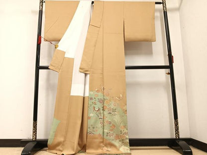 平和屋着物●豪華色留袖　駒刺繍　花蝶文　金彩　正絹　逸品　AABC3669ph