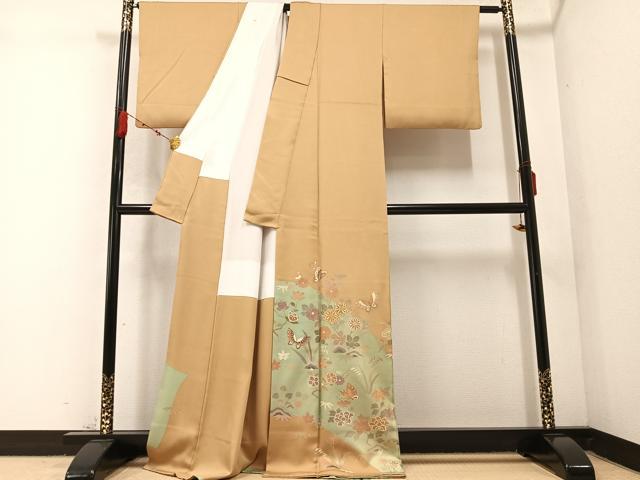 平和屋着物●豪華色留袖　駒刺繍　花蝶文　金彩　正絹　逸品　AABC3669ph
