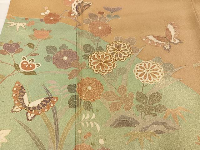 平和屋着物●豪華色留袖　駒刺繍　花蝶文　金彩　正絹　逸品　AABC3669ph