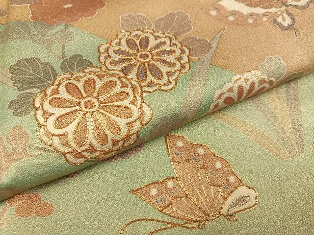 平和屋着物●豪華色留袖　駒刺繍　花蝶文　金彩　正絹　逸品　AABC3669ph