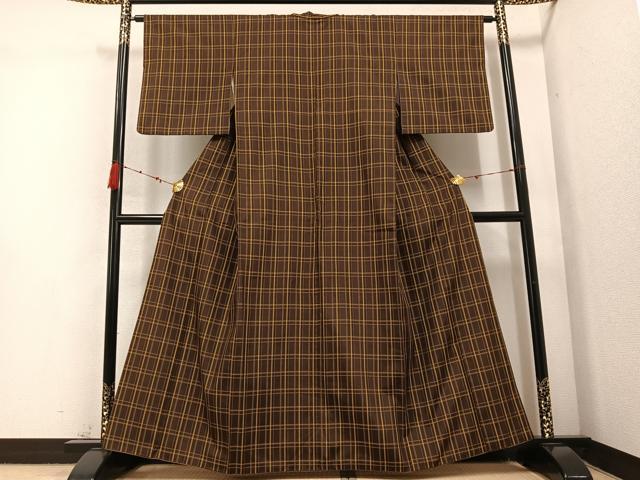 平和屋着物●黄八丈 紬 格子 正絹 逸品 AABC3719ph