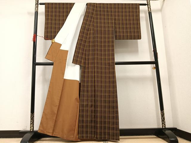 平和屋着物●黄八丈 紬 格子 正絹 逸品 AABC3719ph