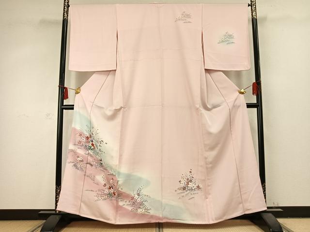平和屋着物▽訪問着　単衣　草花文　暈し染め　金彩　正絹　逸品　AABC3723fy