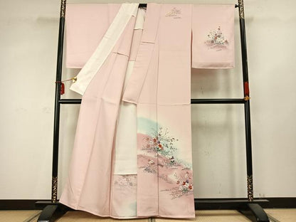 平和屋着物▽訪問着　単衣　草花文　暈し染め　金彩　正絹　逸品　AABC3723fy