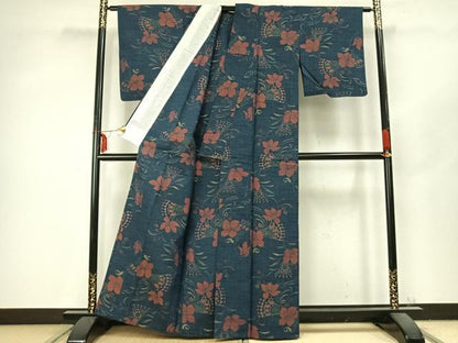 平和屋着物▽上質な紬　単衣　草花文　正絹　逸品　AABC3724fy