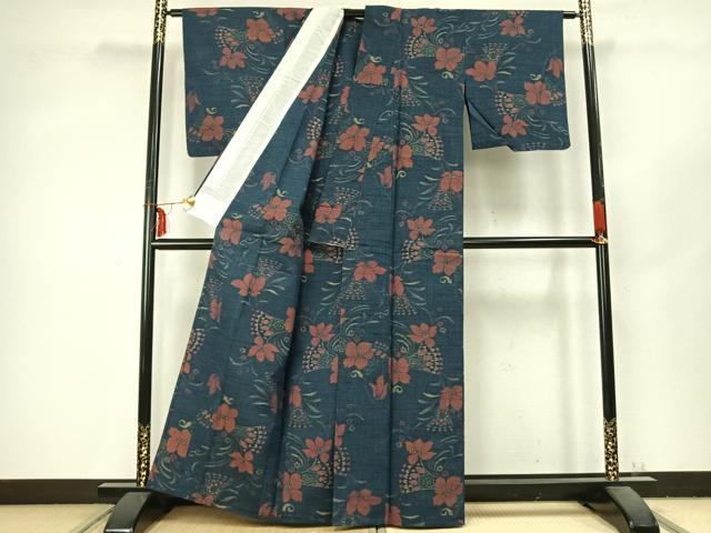 平和屋着物▽上質な紬　単衣　草花文　正絹　逸品　AABC3724fy