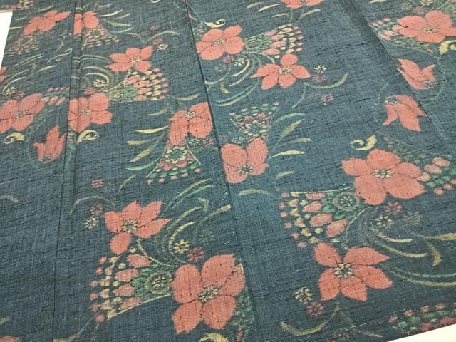 平和屋着物▽上質な紬　単衣　草花文　正絹　逸品　AABC3724fy