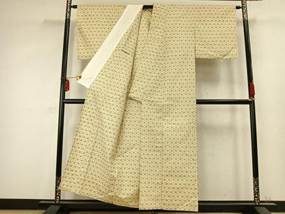 平和屋着物▽上質な紬　単衣　幾何学文様　正絹　逸品　AABC3728fy