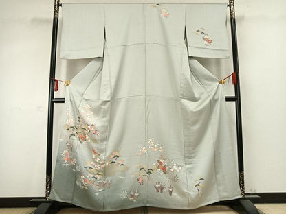 平和屋着物▽訪問着　単衣　雲取り草花文　金銀彩　正絹　逸品　AABC3732fy