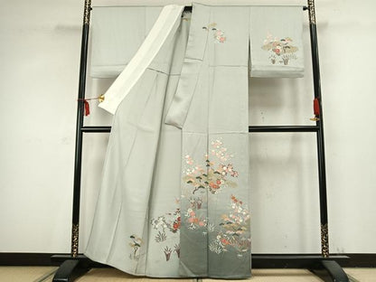 平和屋着物▽訪問着　単衣　雲取り草花文　金銀彩　正絹　逸品　AABC3732fy