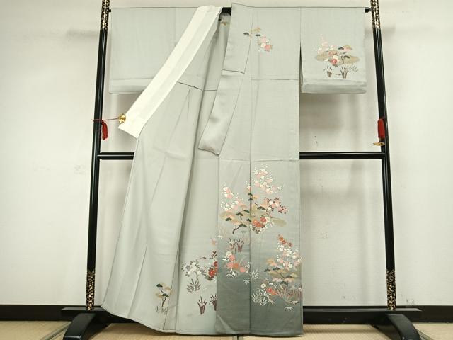 平和屋着物▽訪問着　単衣　雲取り草花文　金銀彩　正絹　逸品　AABC3732fy