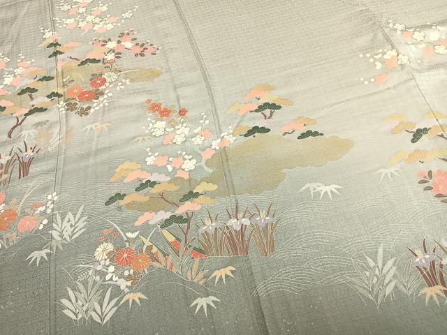 平和屋着物▽訪問着　単衣　雲取り草花文　金銀彩　正絹　逸品　AABC3732fy