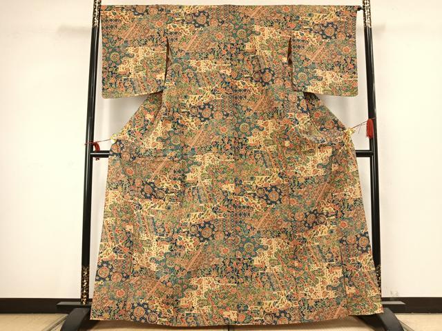 平和屋着物▽上質な小紋 単衣 紬地 型染め 草花文 正絹 逸品 AABC3733fy