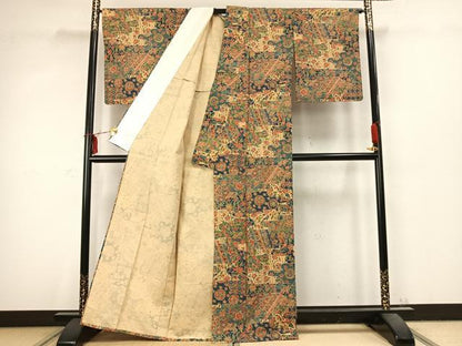 平和屋着物▽上質な小紋 単衣 紬地 型染め 草花文 正絹 逸品 AABC3733fy