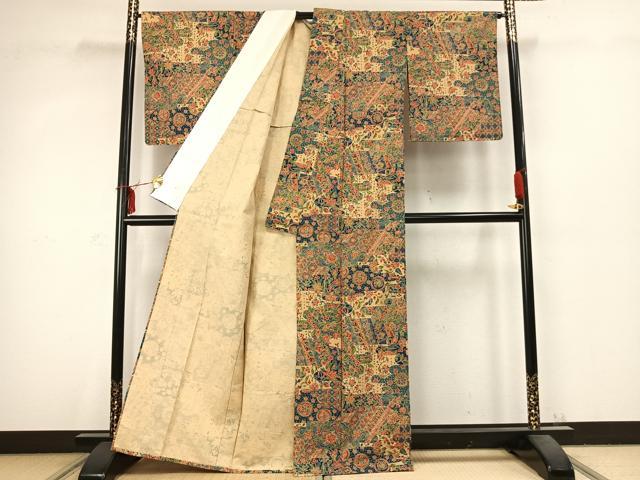 平和屋着物▽上質な小紋 単衣 紬地 型染め 草花文 正絹 逸品 AABC3733fy
