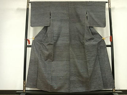 平和屋着物▽上質な紬 単衣 格子 正絹 逸品 AABC3734fy