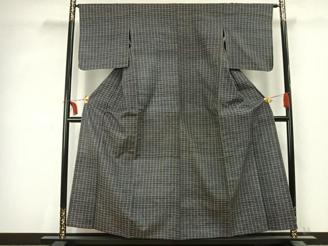 平和屋着物▽上質な紬 単衣 格子 正絹 逸品 AABC3734fy