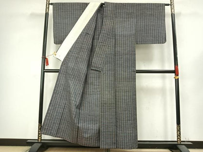 平和屋着物▽上質な紬 単衣 格子 正絹 逸品 AABC3734fy