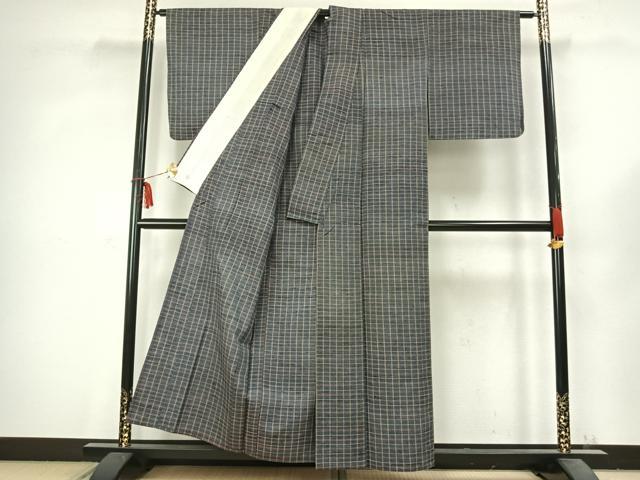 平和屋着物▽上質な紬 単衣 格子 正絹 逸品 AABC3734fy