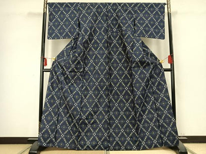 平和屋着物▽上質な紬 単衣 幾何学花文 正絹 逸品 AABC3735fy