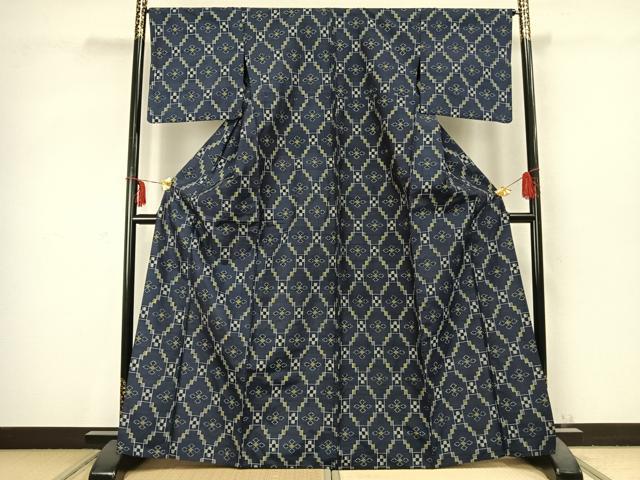 平和屋着物▽上質な紬 単衣 幾何学花文 正絹 逸品 AABC3735fy