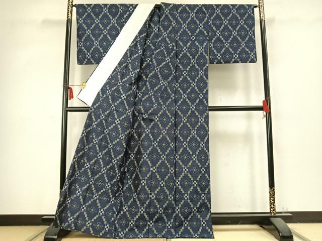 平和屋着物▽上質な紬 単衣 幾何学花文 正絹 逸品 AABC3735fy
