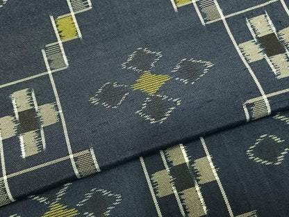 平和屋着物▽上質な紬 単衣 幾何学花文 正絹 逸品 AABC3735fy