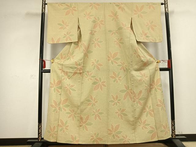 平和屋着物▽本塩沢 単衣 舞葉文 正絹 逸品 AABC3738fy