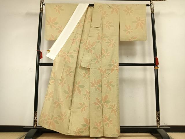 平和屋着物▽本塩沢 単衣 舞葉文 正絹 逸品 AABC3738fy